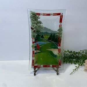 Vintage Peggy Karr Fused Glass 10" Golf Course Rectangular Tray Plate In Box